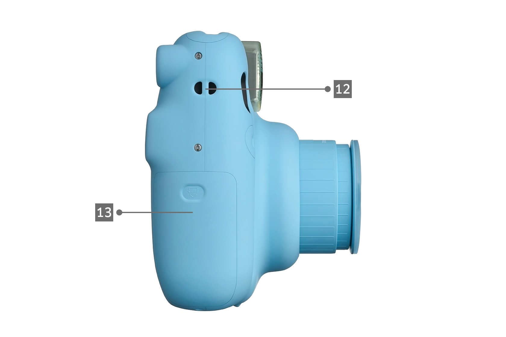 Side view of baby blue Mini 11 camera